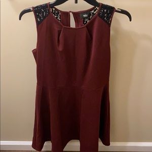 Wine tank dress with black lace sleeves.